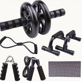 1 Set PP Material Home Gym Core & Strength Training Kit: AB Roller, Knee Mat, Push-Up Bars, Skipping Ropes, Resistance Bands, Hand Grippers (Color: Black)
